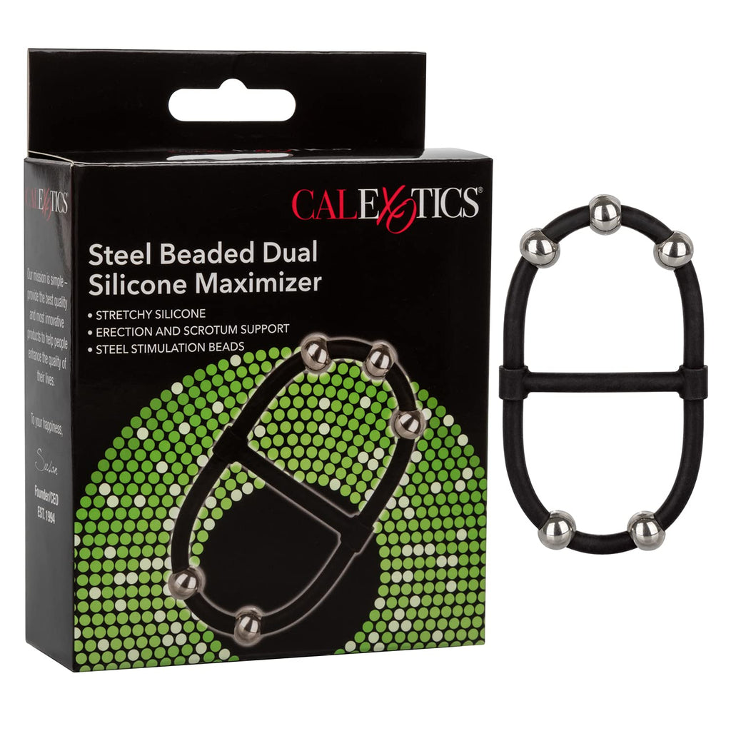 CalExotics Steel Beaded Dual Silicone Maximizer – Black, Waterproof Penis Ring with Movable Beads