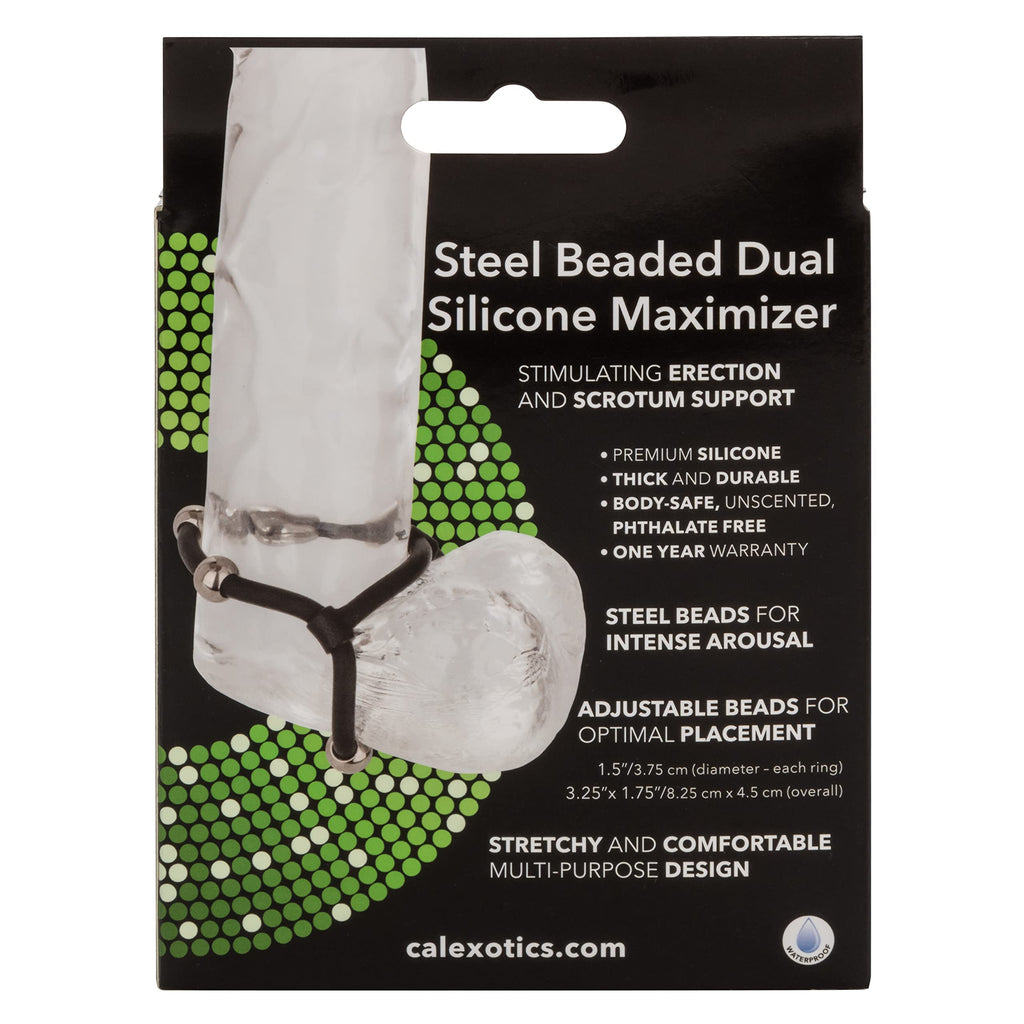 CalExotics Steel Beaded Dual Silicone Maximizer – Black, Waterproof Penis Ring with Movable Beads
