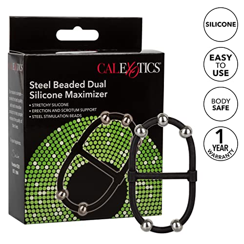 CalExotics Steel Beaded Dual Silicone Maximizer – Black, Waterproof Penis Ring with Movable Beads