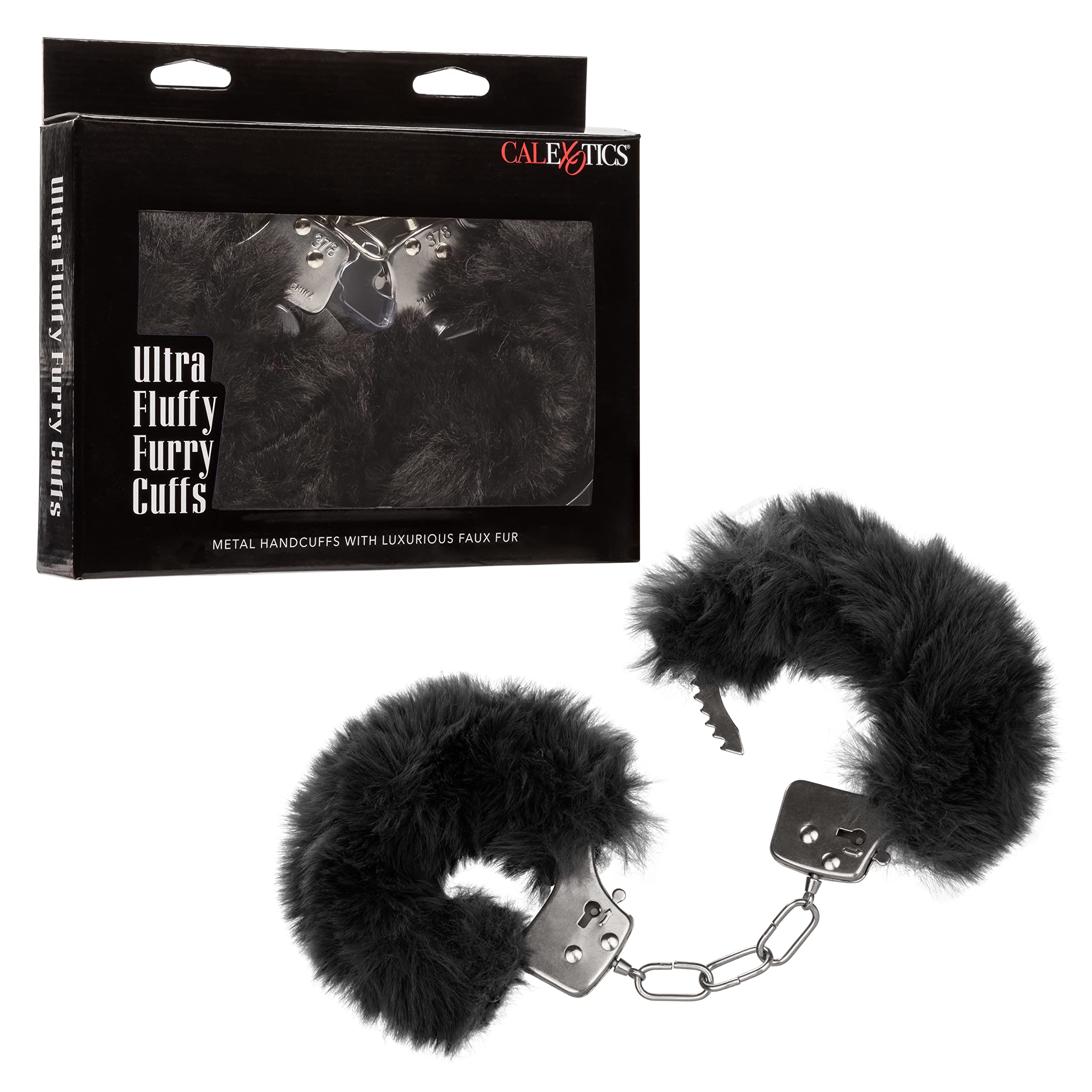 CalExotics Ultra Fluffy Furry Cuffs - Black Metal Bondage Restraints with Removable Fur