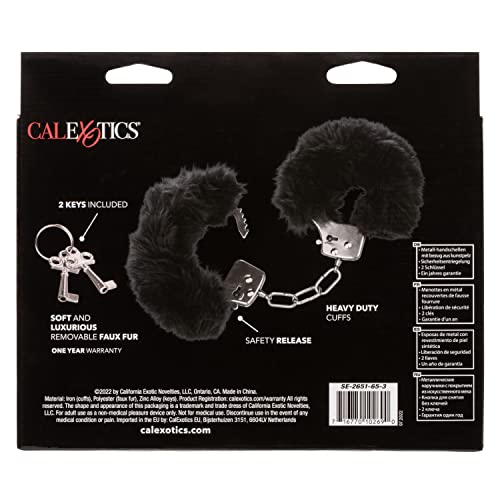 CalExotics Ultra Fluffy Furry Cuffs - Black Metal Bondage Restraints with Removable Fur