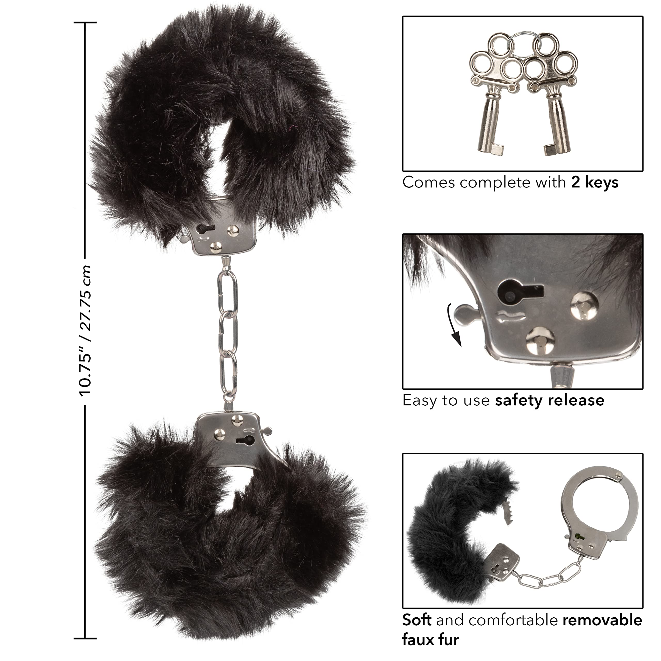 CalExotics Ultra Fluffy Furry Cuffs - Black Metal Bondage Restraints with Removable Fur