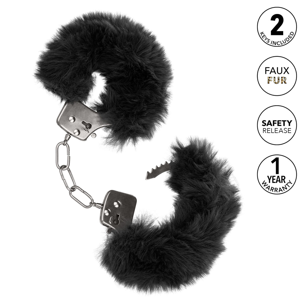 CalExotics Ultra Fluffy Furry Cuffs - Black Metal Bondage Restraints with Removable Fur