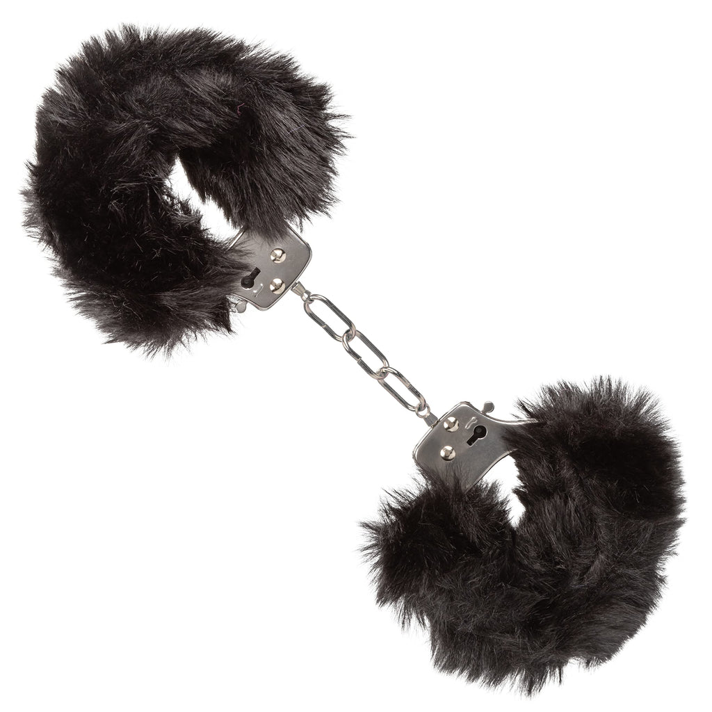 CalExotics Ultra Fluffy Furry Cuffs - Black Metal Bondage Restraints with Removable Fur