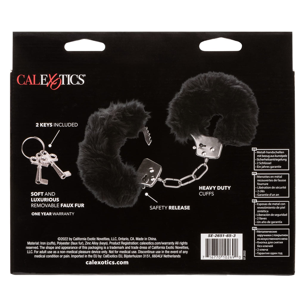 CalExotics Ultra Fluffy Furry Cuffs - Black Metal Bondage Restraints with Removable Fur