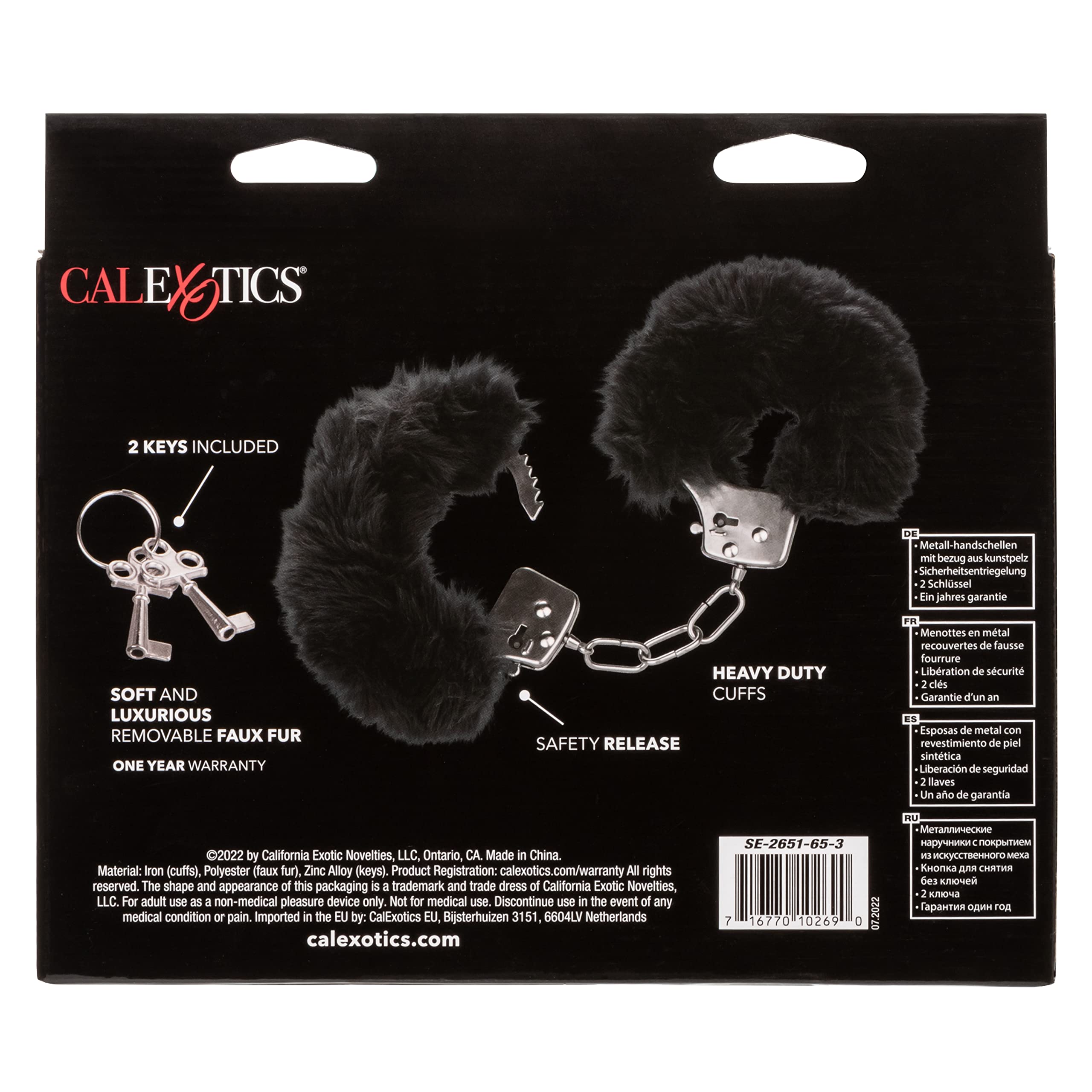 CalExotics Ultra Fluffy Furry Cuffs - Black Metal Bondage Restraints with Removable Fur