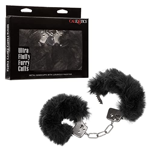 CalExotics Ultra Fluffy Furry Cuffs - Black Metal Bondage Restraints with Removable Fur