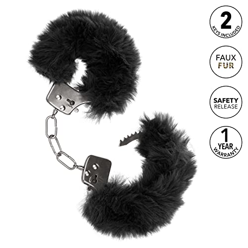 CalExotics Ultra Fluffy Furry Cuffs - Black Metal Bondage Restraints with Removable Fur
