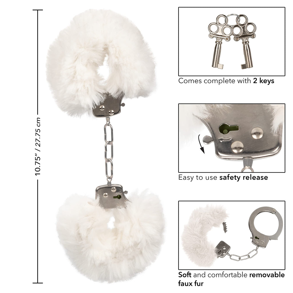 CalExotics Ultra Fluffy Furry Cuffs - White: Designer Metal Cuffs with Removable Fur