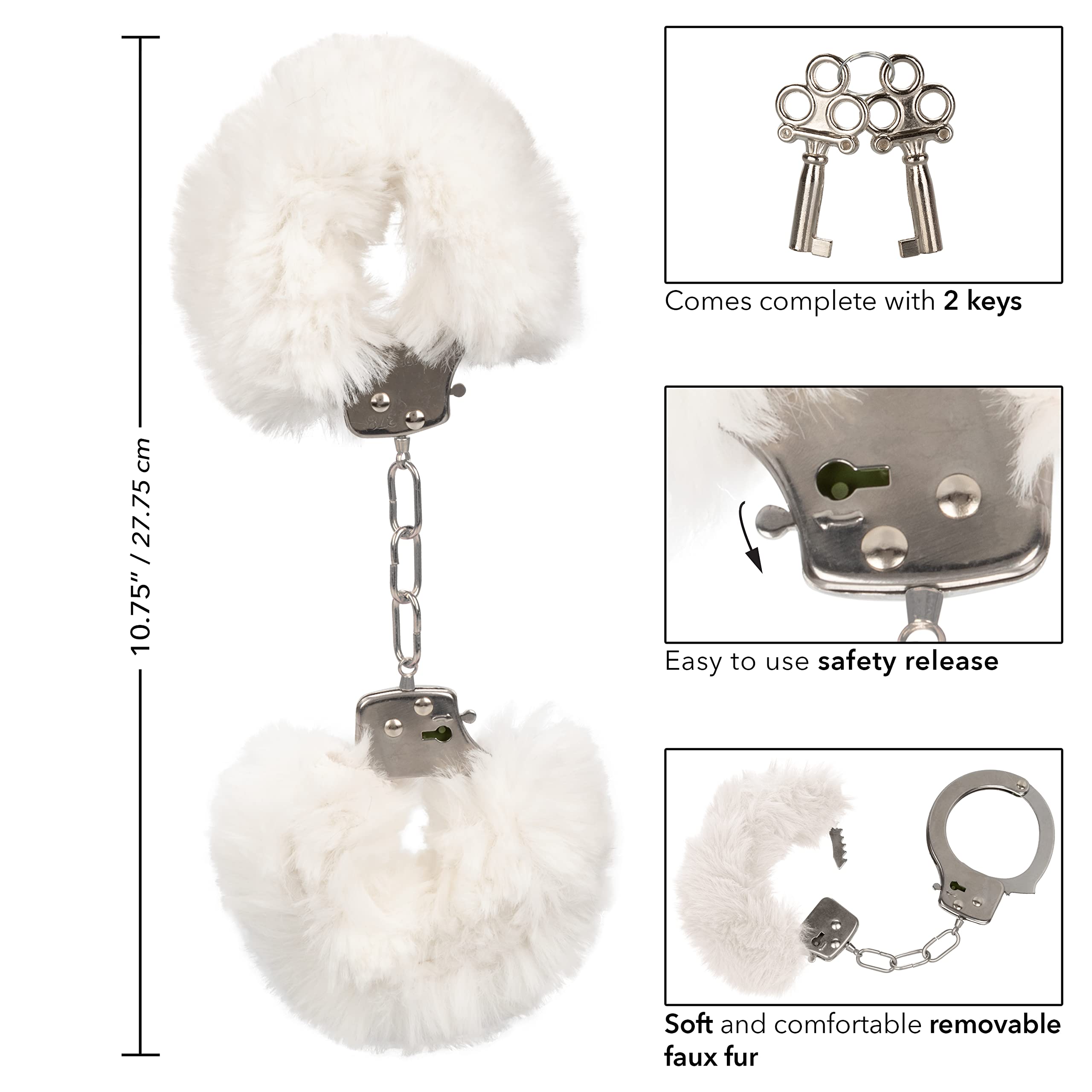 CalExotics Ultra Fluffy Furry Cuffs - White: Designer Metal Cuffs with Removable Fur