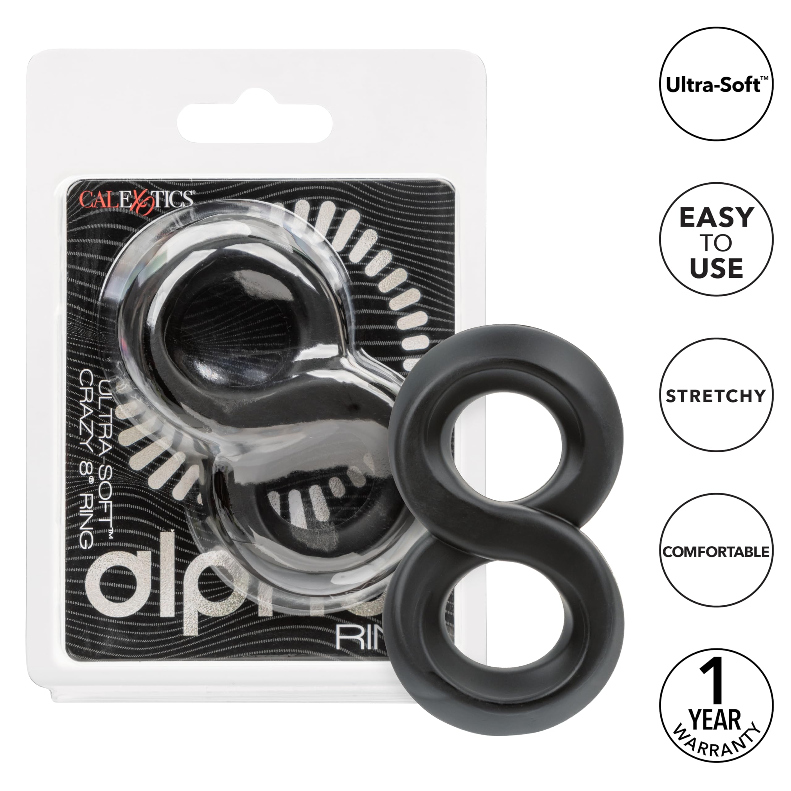 CalExotics Ultra-Soft Crazy 8 Dual Silicone Ring for Scrotum Support, Waterproof, Black