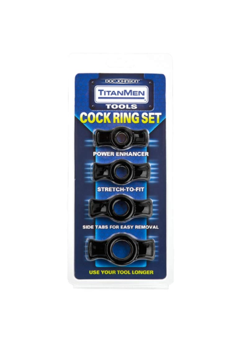 Doc Johnson TitanMen 4-Piece Cock Ring Set – Black TPR with Side Tabs for Firmer Erections