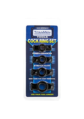 Doc Johnson TitanMen 4-Piece Cock Ring Set – Black TPR with Side Tabs for Firmer Erections