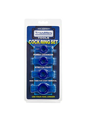 Doc Johnson TitanMen 4-Piece Cock Ring Set – Blue, Phthalate-Free TPR with Side Tabs for Easy Adjustment