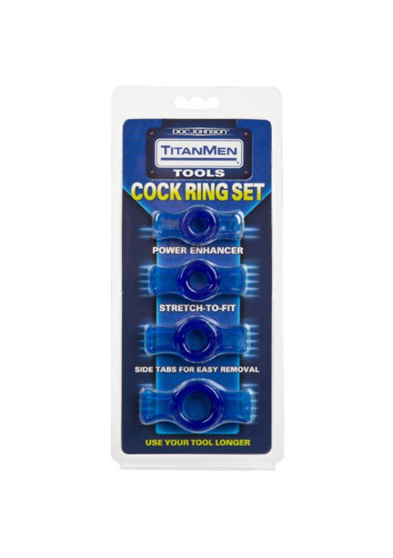 Doc Johnson TitanMen 4-Piece Cock Ring Set – Blue, Phthalate-Free TPR with Side Tabs for Easy Adjustment