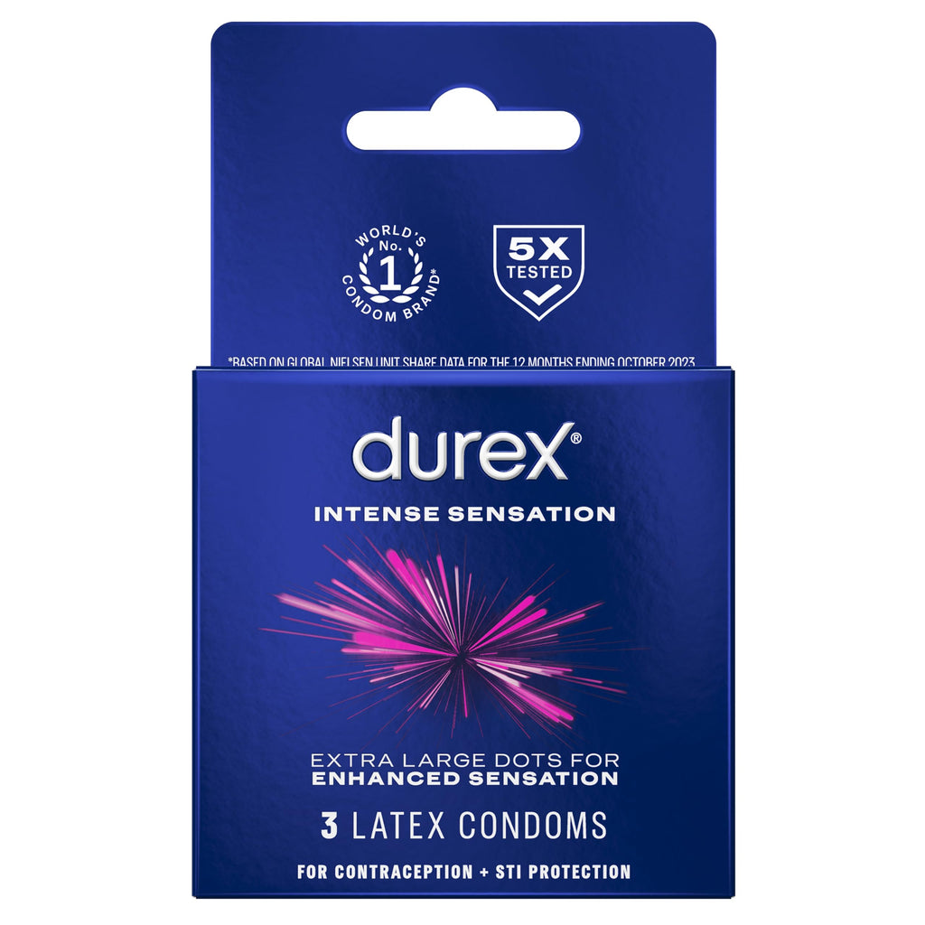 Durex Intense Sensation Dotted Condoms (3 Lubricated Latex Condoms) – Enhanced Sensation with Raised Dots
