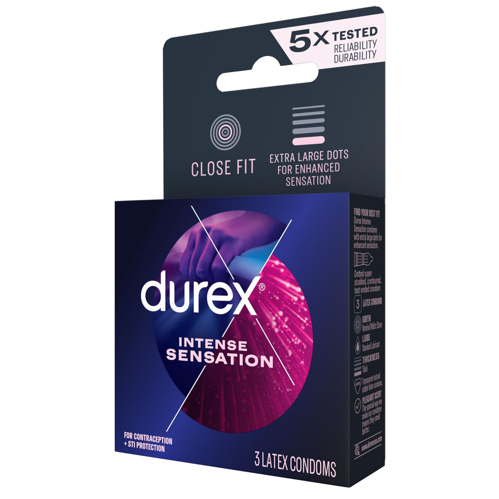 Durex Intense Sensation Dotted Condoms (3 Lubricated Latex Condoms) – Enhanced Sensation with Raised Dots