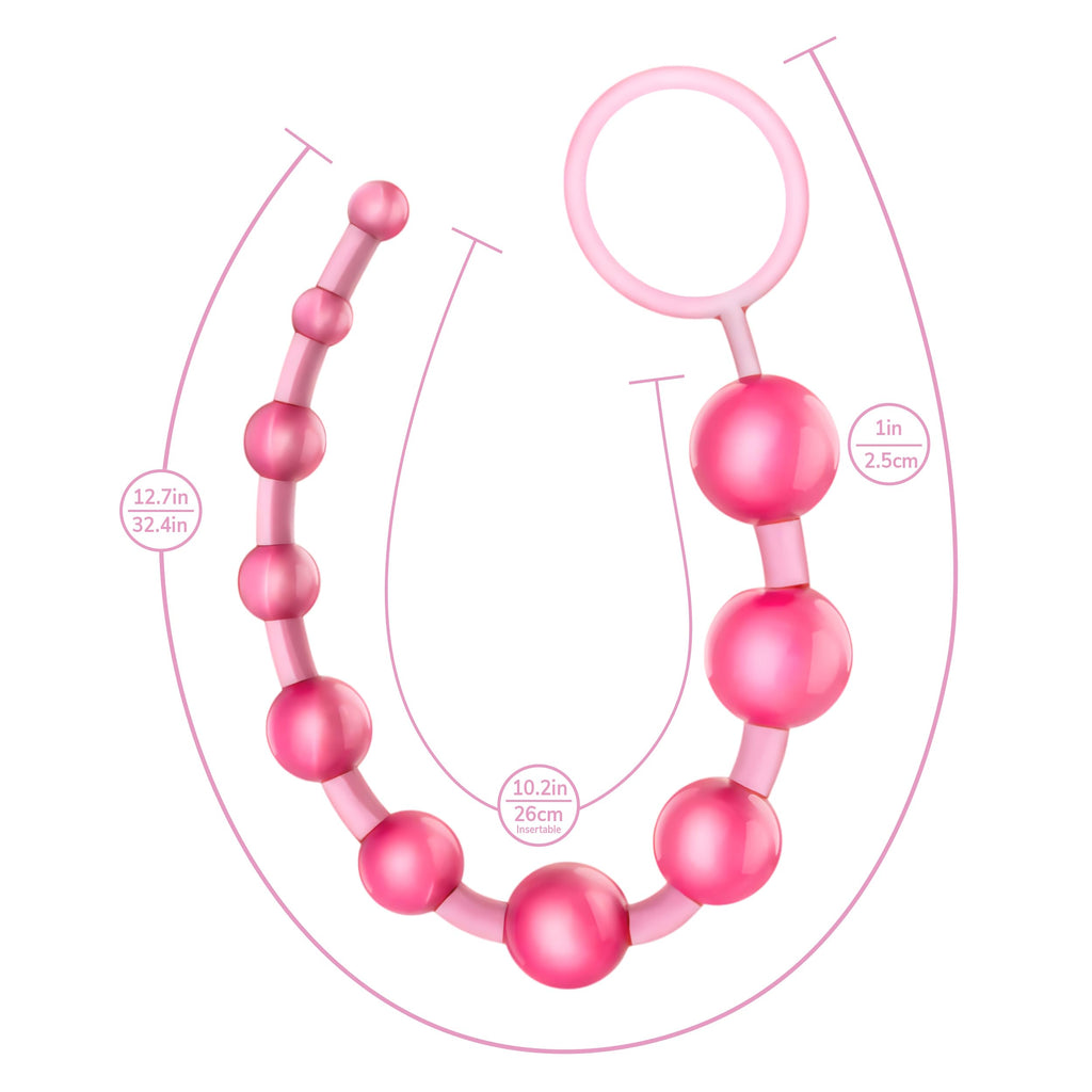 Eden Basic Beads 12-Inch Anal Trainer – 10 Graduated Non-Porous PVC Beads, Clear Pink