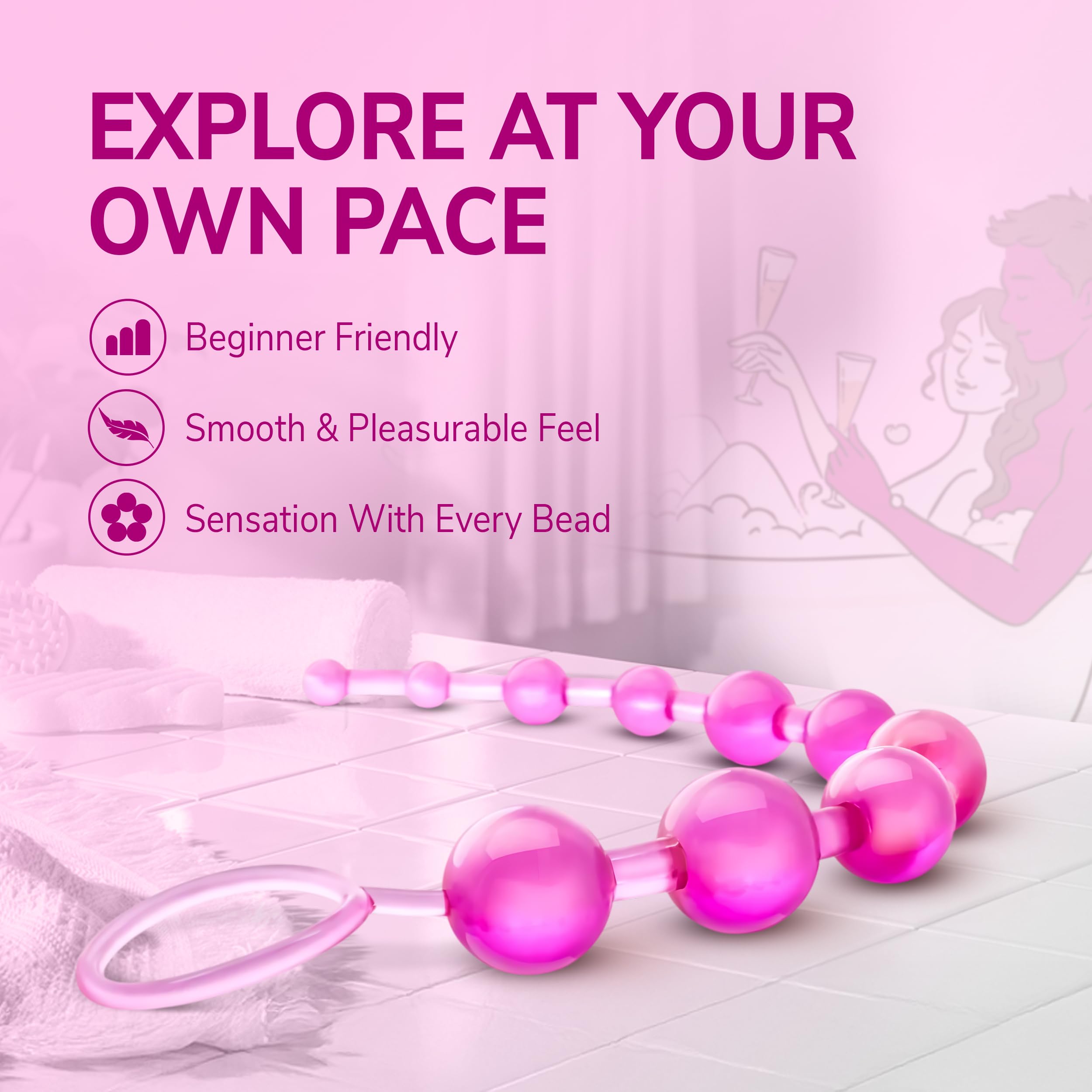 Eden Basic Beads 12-Inch Anal Trainer – 10 Graduated Non-Porous PVC Beads, Clear Pink