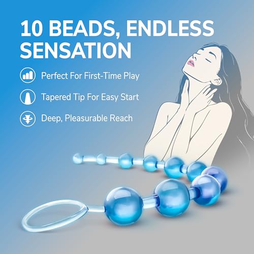 Eden Silicone Anal Beads 12 Inch - Graduated Beginner Anal Trainer with Pull Ring - Body Safe, Clear Blue