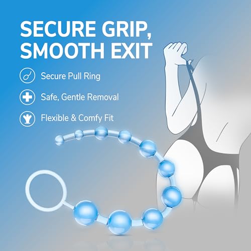 Eden Silicone Anal Beads 12 Inch - Graduated Beginner Anal Trainer with Pull Ring - Body Safe, Clear Blue