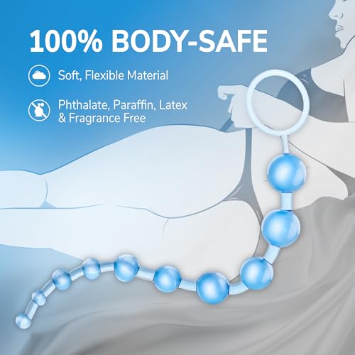 Eden Silicone Anal Beads 12 Inch - Graduated Beginner Anal Trainer with Pull Ring - Body Safe, Clear Blue