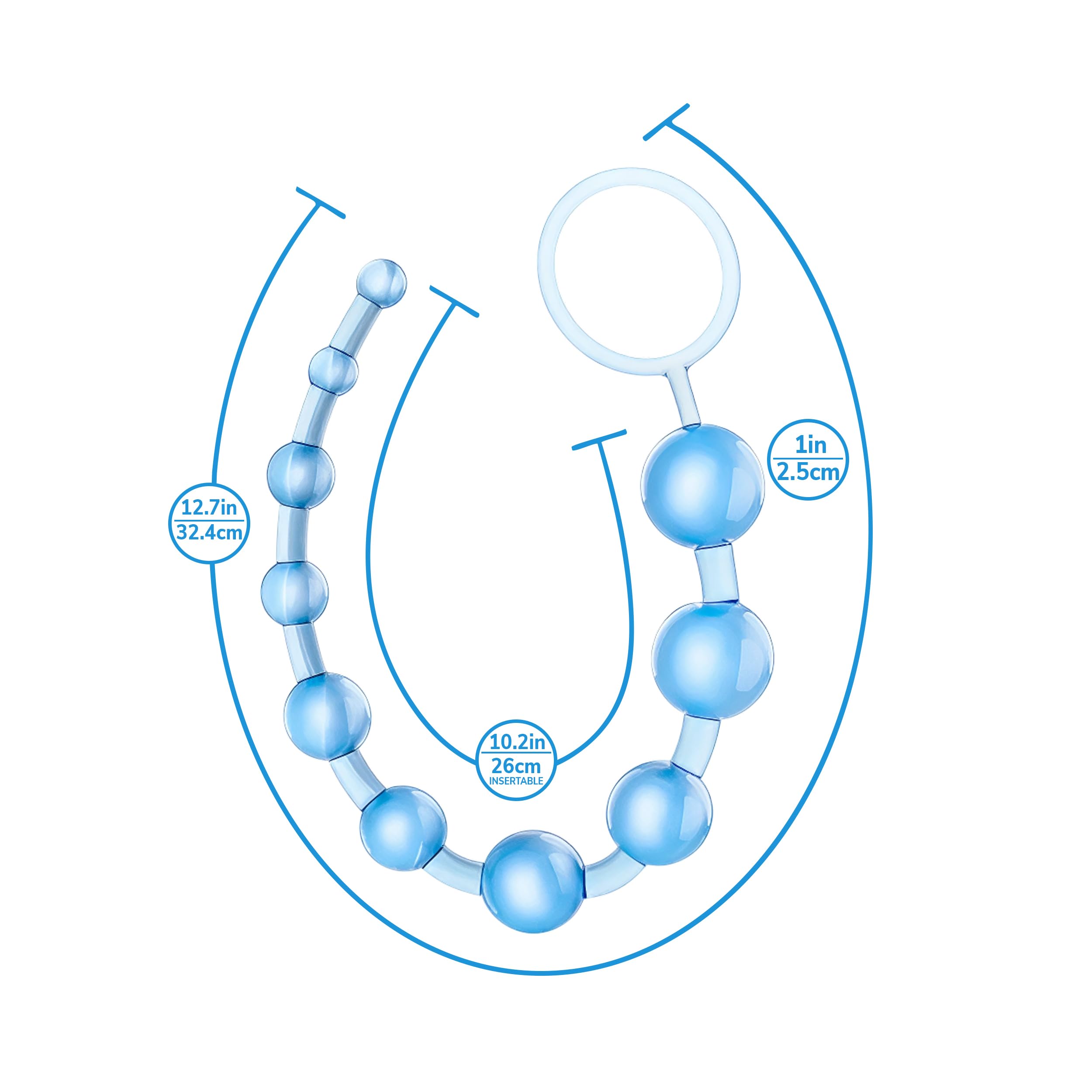 Eden Silicone Anal Beads 12 Inch - Graduated Beginner Anal Trainer with Pull Ring - Body Safe, Clear Blue