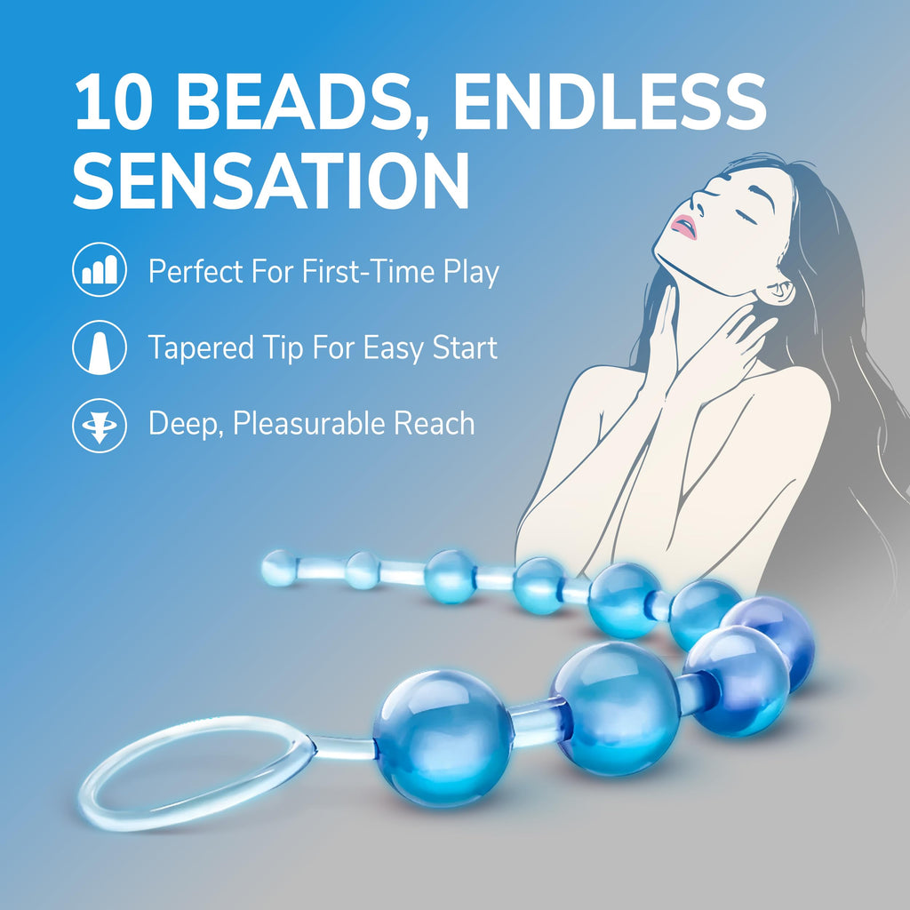 Eden Silicone Anal Beads 12 Inch - Graduated Beginner Anal Trainer with Pull Ring - Body Safe, Clear Blue