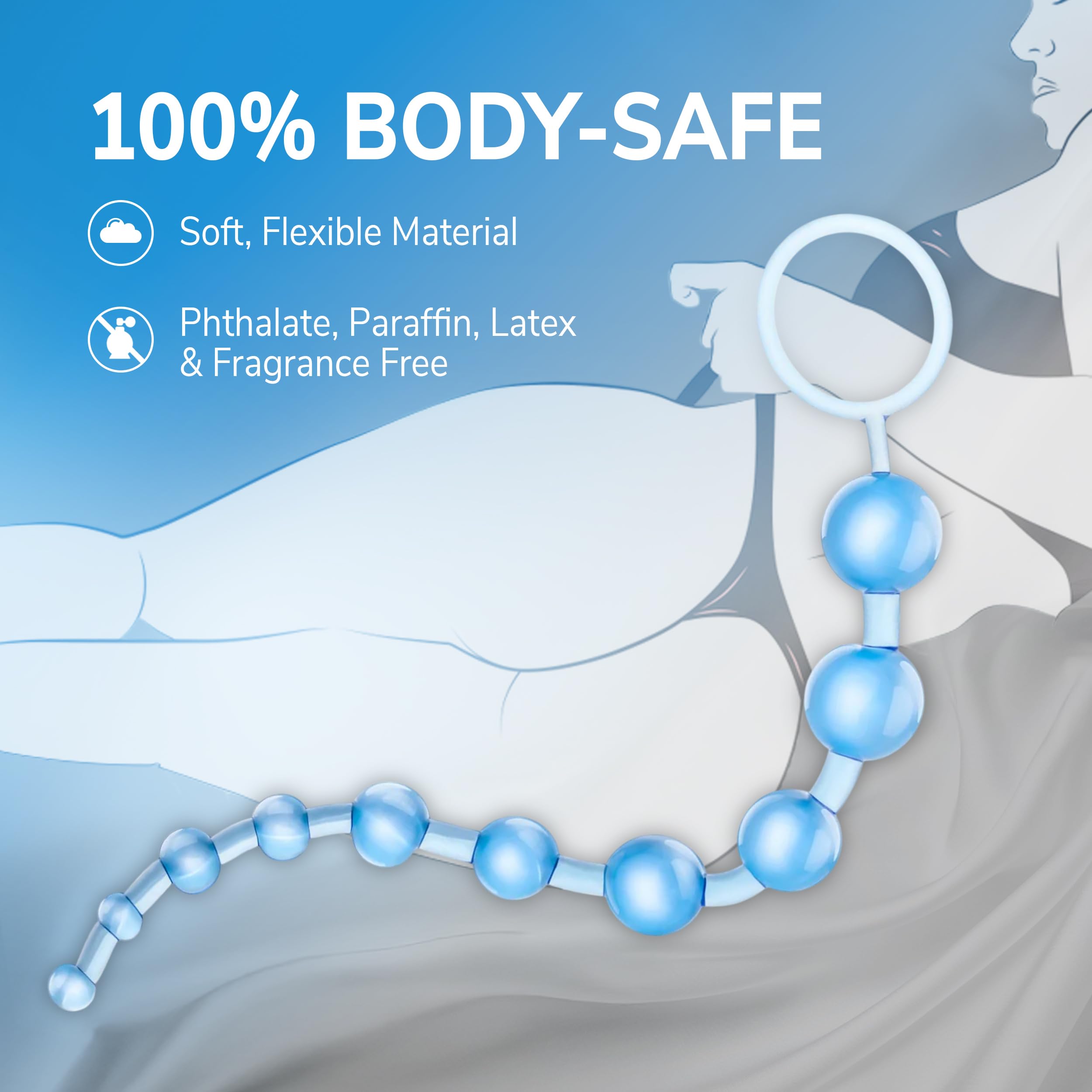 Eden Silicone Anal Beads 12 Inch - Graduated Beginner Anal Trainer with Pull Ring - Body Safe, Clear Blue