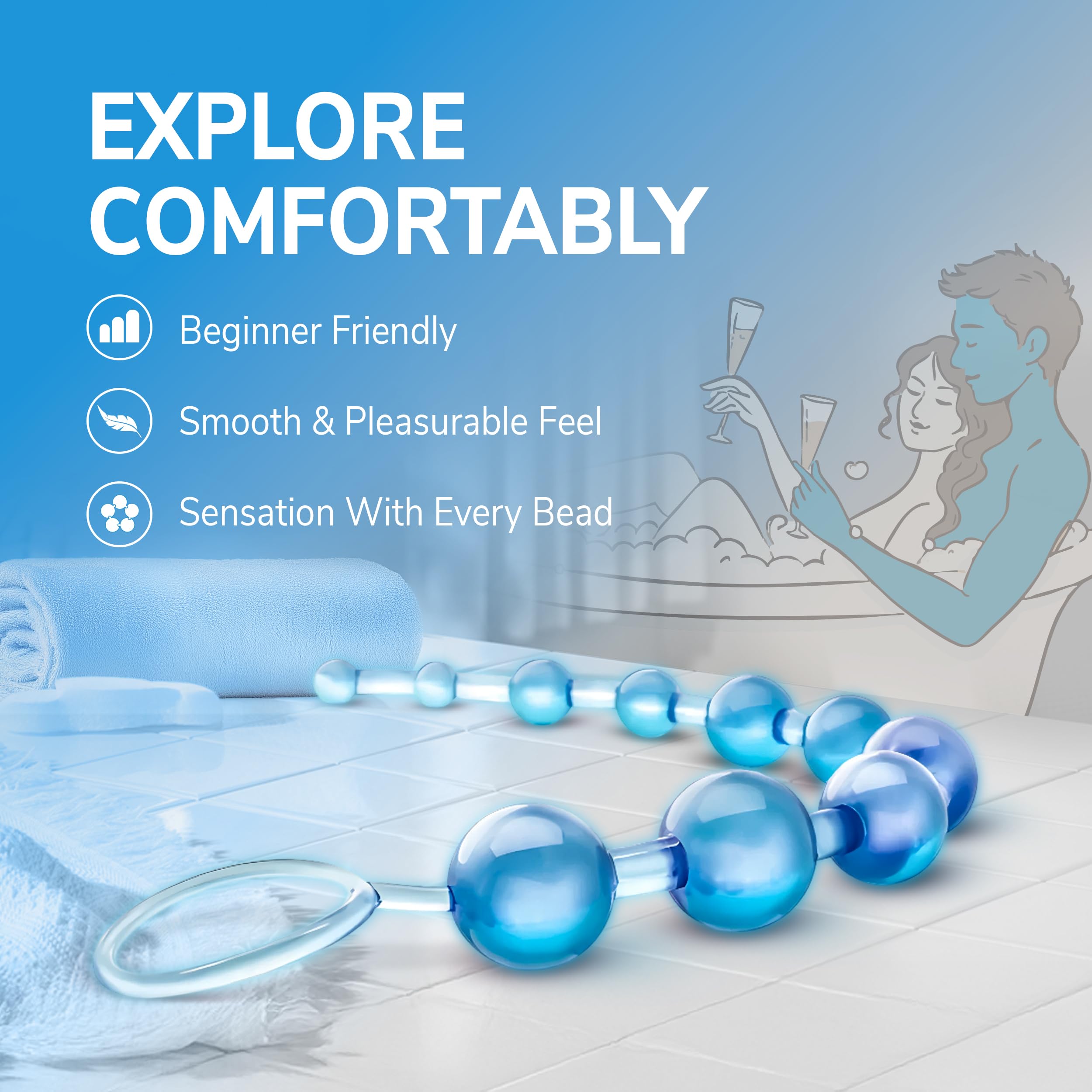 Eden Silicone Anal Beads 12 Inch - Graduated Beginner Anal Trainer with Pull Ring - Body Safe, Clear Blue