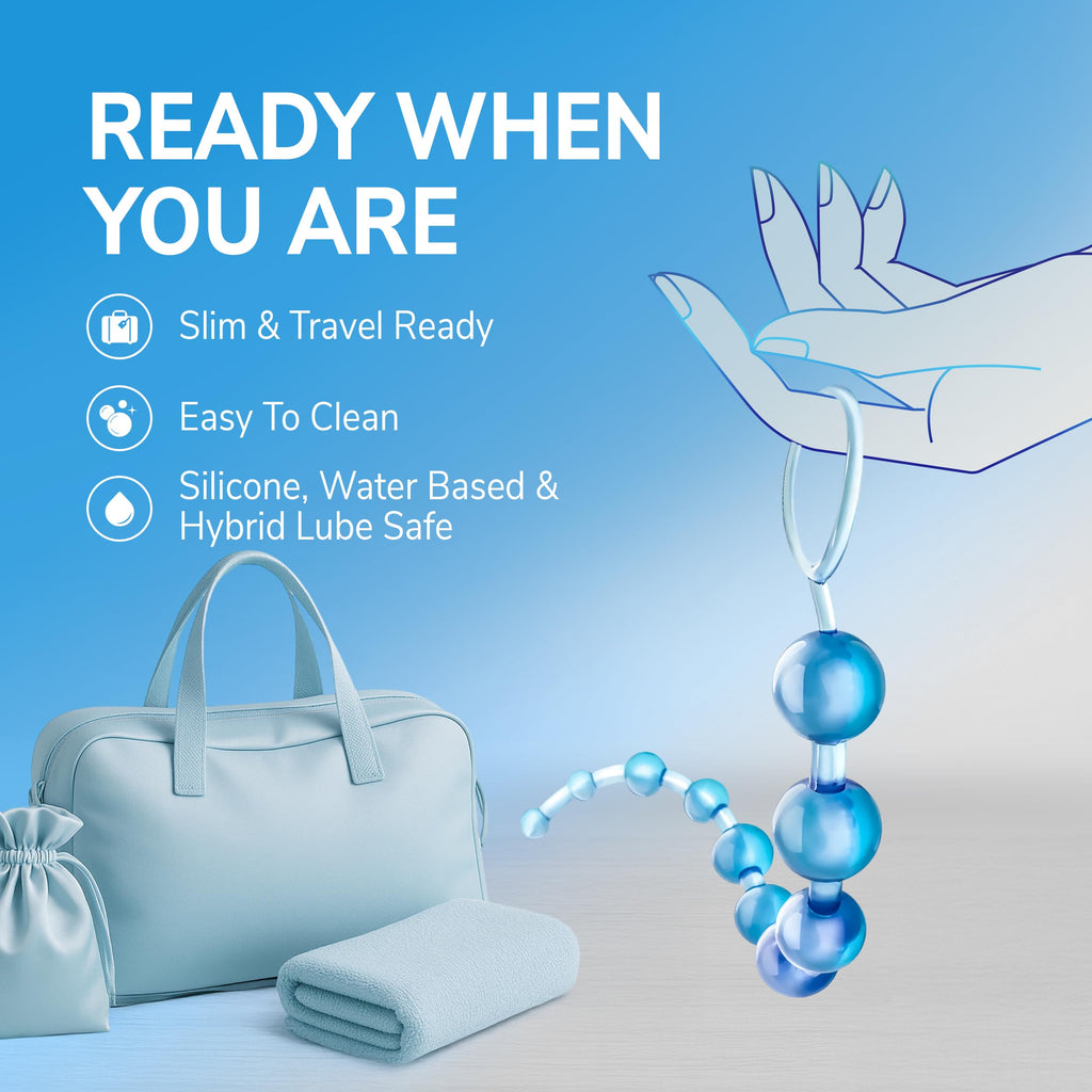 Eden Silicone Anal Beads 12 Inch - Graduated Beginner Anal Trainer with Pull Ring - Body Safe, Clear Blue