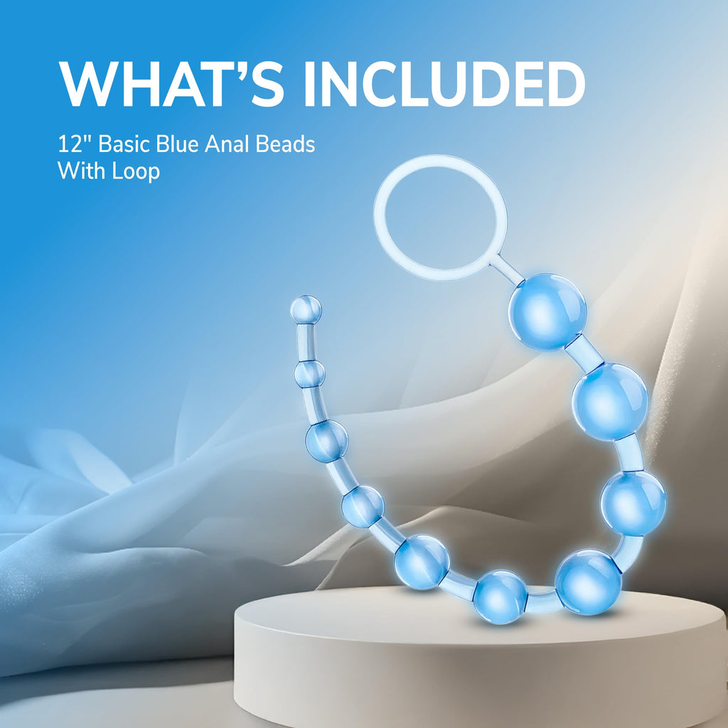 Eden Silicone Anal Beads 12 Inch - Graduated Beginner Anal Trainer with Pull Ring - Body Safe, Clear Blue