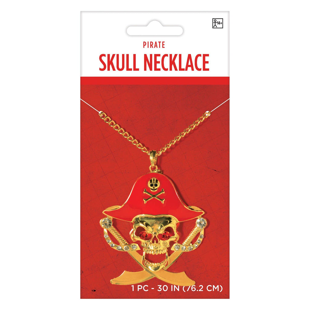 Gold Pirate Skull Pendant Necklace with Faux Diamond Accents - 30 inch