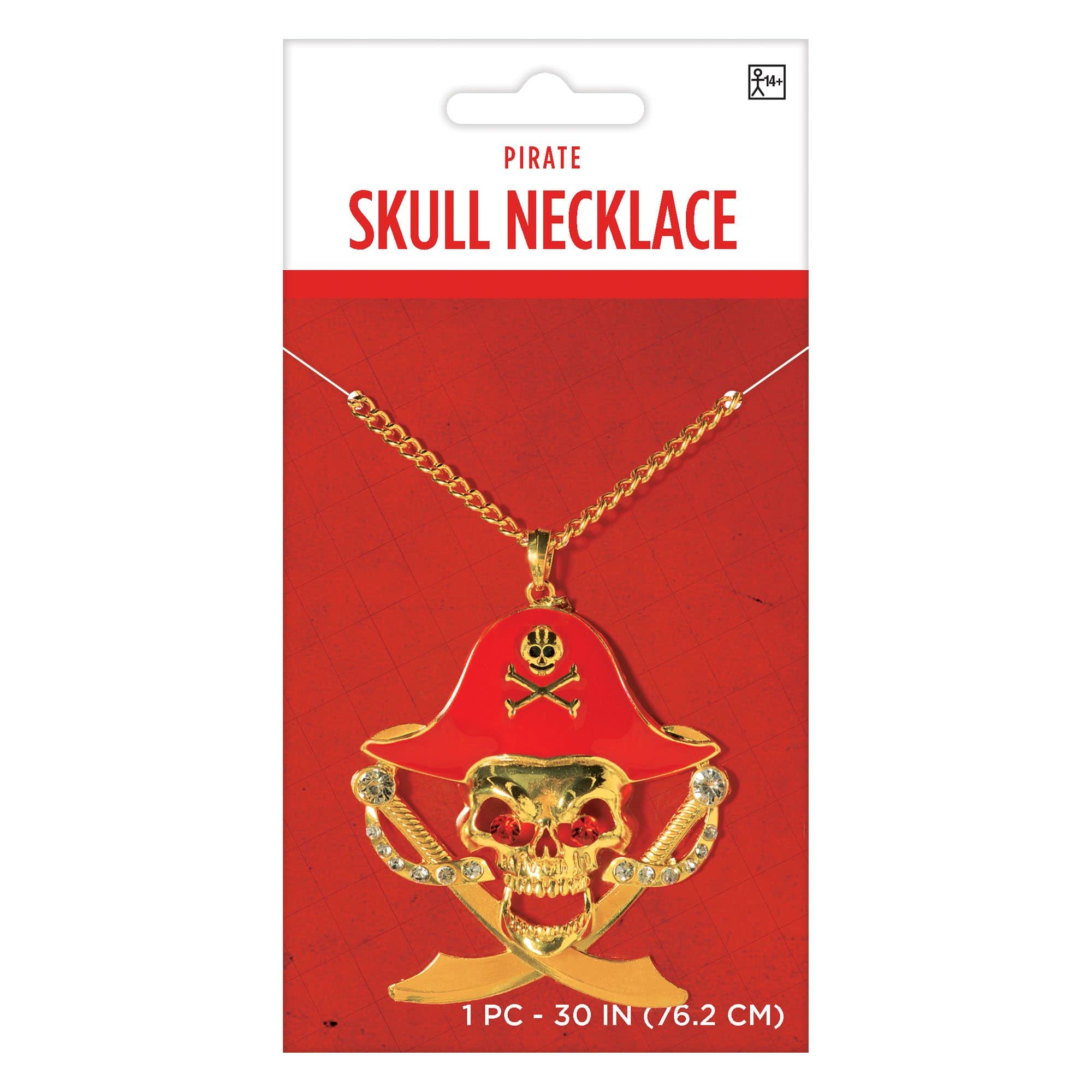 Gold Pirate Skull Pendant Necklace with Faux Diamond Accents - 30 inch