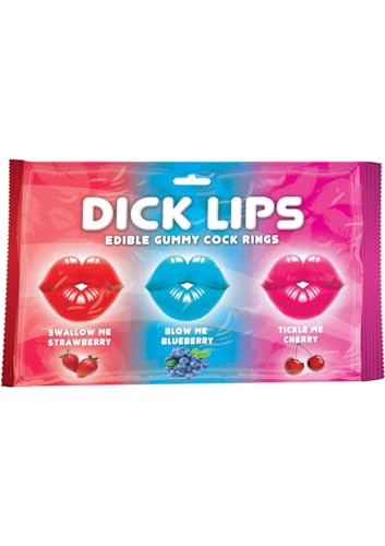 Hott Products Dick Lips Edible Gummy Cock Rings – 3-Pack Strawberry, Blueberry & Cherry (3.17 oz)