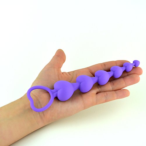 LoveI Heart Shaped Silicone Anal Beads for Beginners – Purple with Safe Pull Ring and Disposable Carry Bag