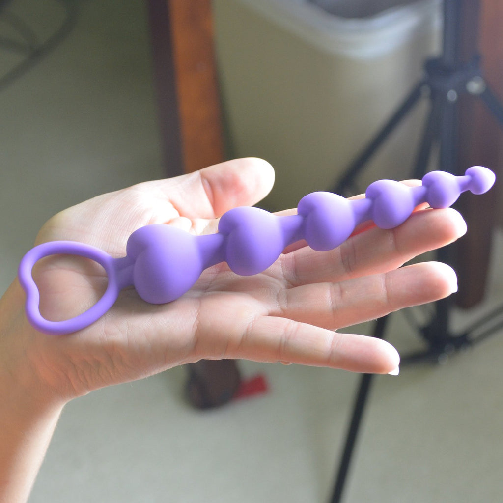 LoveI Heart Shaped Silicone Anal Beads for Beginners – Purple with Safe Pull Ring and Disposable Carry Bag