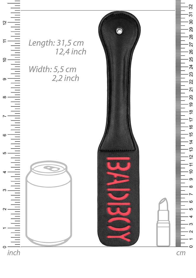 Ouch! 'Bad Boy' Black Leather Paddle with Reversed Spank Text