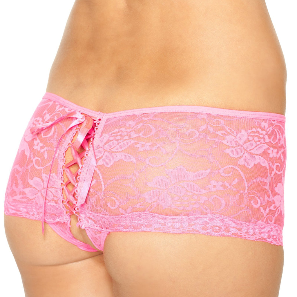 Seven 'til Midnight Women's Lace Tie Back Boyshort Panty - All Lace, Adjustable Back Lacing
