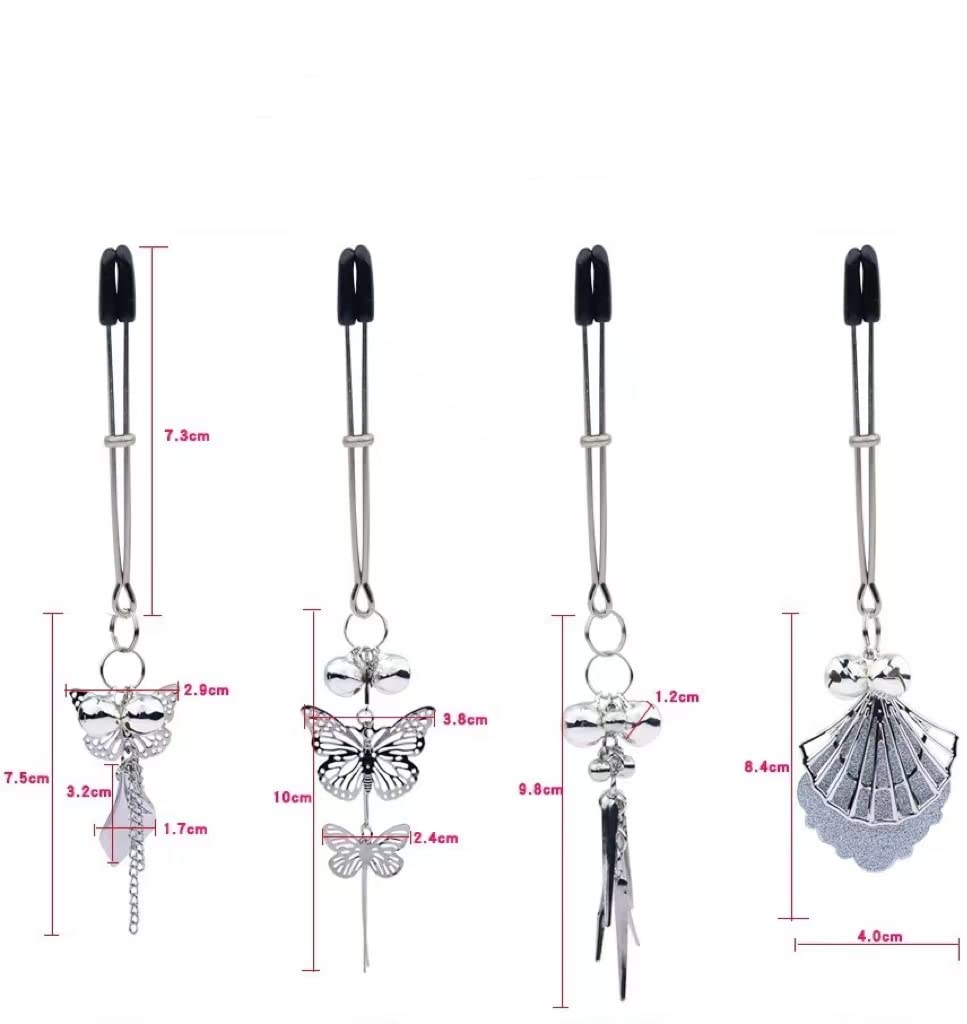 Silver Butterfly Pendant Bell Nipple Clamps - Adjustable Stainless Steel, Non-Piercing, Waterproof