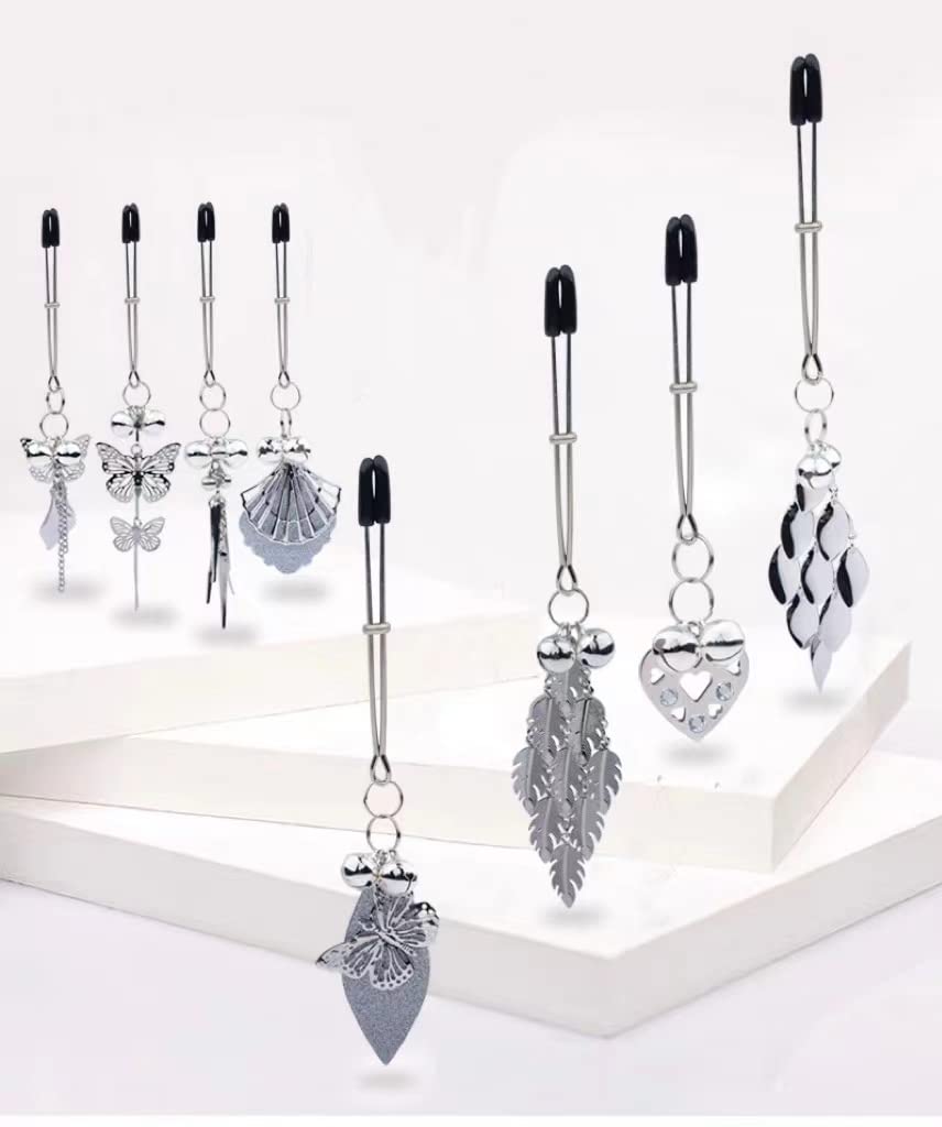 Silver Butterfly Pendant Bell Nipple Clamps - Adjustable Stainless Steel, Non-Piercing, Waterproof