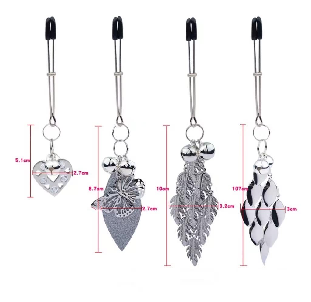 Silver Butterfly Pendant Bell Nipple Clamps - Adjustable Stainless Steel, Non-Piercing, Waterproof