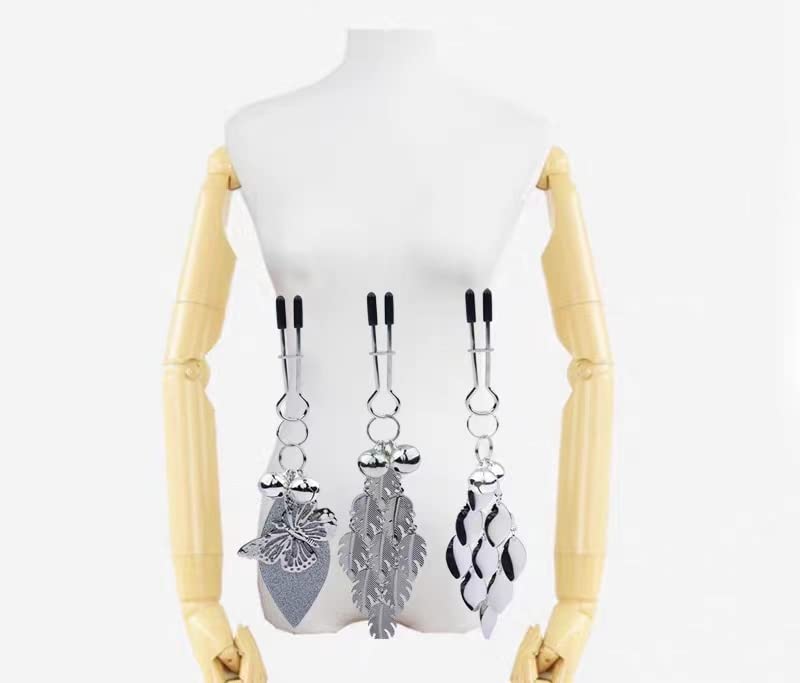 Silver Butterfly Pendant Bell Nipple Clamps - Adjustable Stainless Steel, Non-Piercing, Waterproof