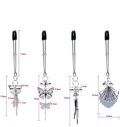 Silver Butterfly Pendant Bell Nipple Clamps - Adjustable Stainless Steel, Non-Piercing, Waterproof