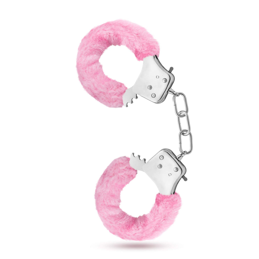 Temptasia Beginner Cuffs 10.5" Pink Faux Fur – Adjustable Metal Handcuffs with Safety Release for BDSM & Role Play