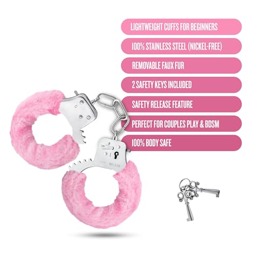 Temptasia Beginner Cuffs 10.5" Pink Faux Fur – Adjustable Metal Handcuffs with Safety Release for BDSM & Role Play